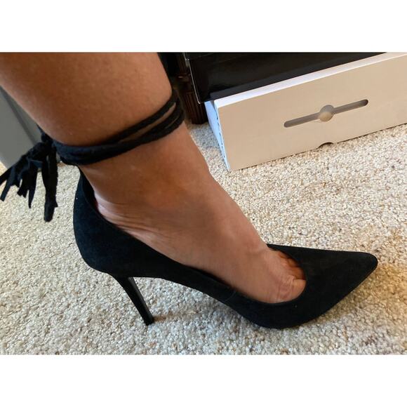Joie Angelynn Black Suede Ankle Strap Wrap Tassel High Heels Size 9.5 - Picture 1 of 11